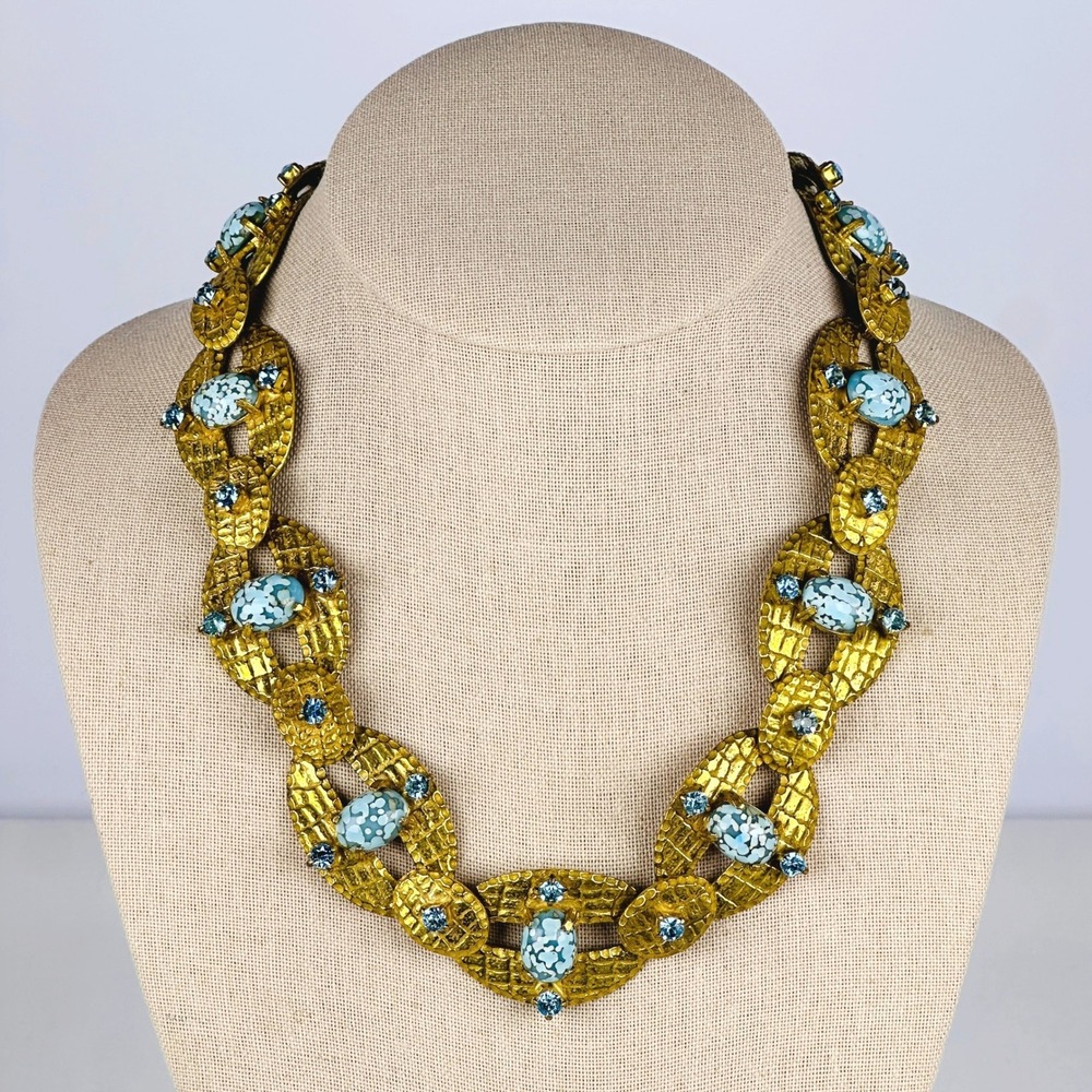 Vintage Czech Brass‎ Blue Confetti Soapstone Cabochon Art Deco Revival Necklace